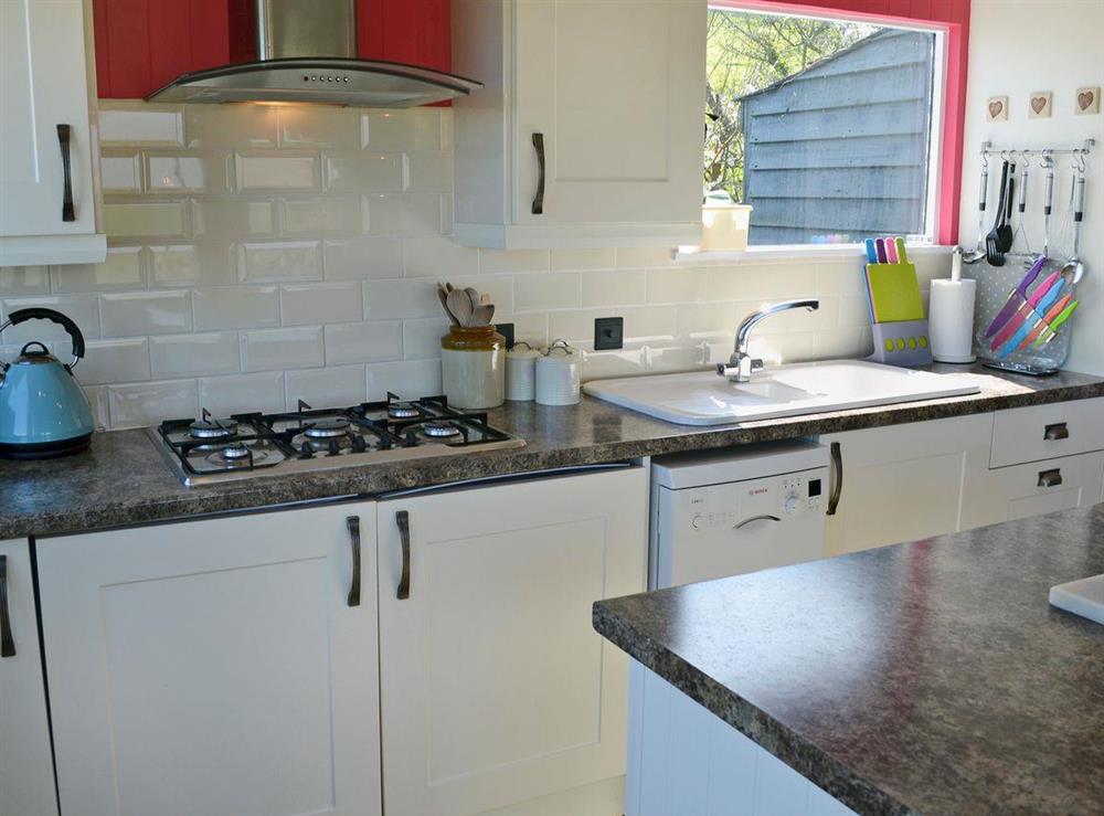 Well equipped kitchen area at The Gallery in Port Mellon, near Mevagissey, Cornwall