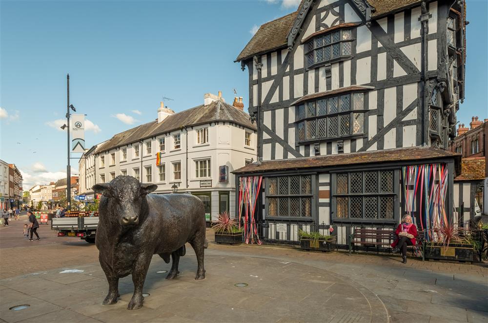 The Hereford Bull sculpture outside The Black and White house Museum in Hereford at The Garden Barn, Peterchurch