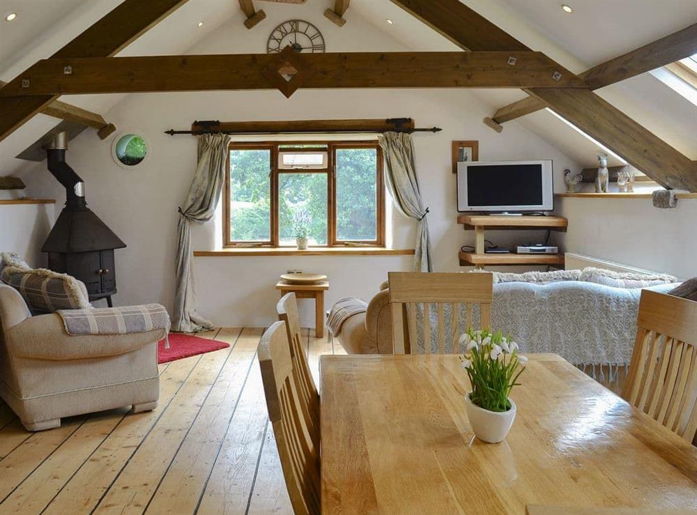Characterful open plan living space at The Garden Barn in Ugborough, Ivybridge, Devon., Great Britain