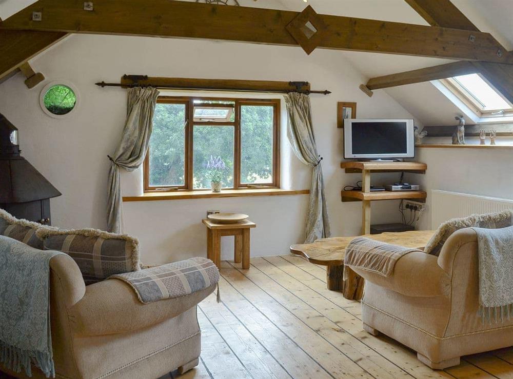 Cosy living area with wood burner at The Garden Barn in Ugborough, Ivybridge, Devon., Great Britain