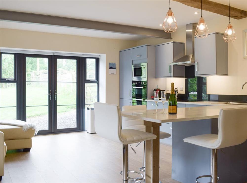 Modern fitted kitchen with relaxed seating area at The Garden Room at Eudon George in Eudon George, near Bridgnorth, Shropshire