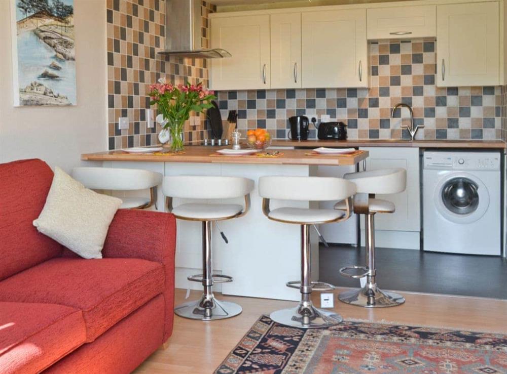 Open plan room with breakfast bar style dining area at The Garden Room in Brixham, Devon