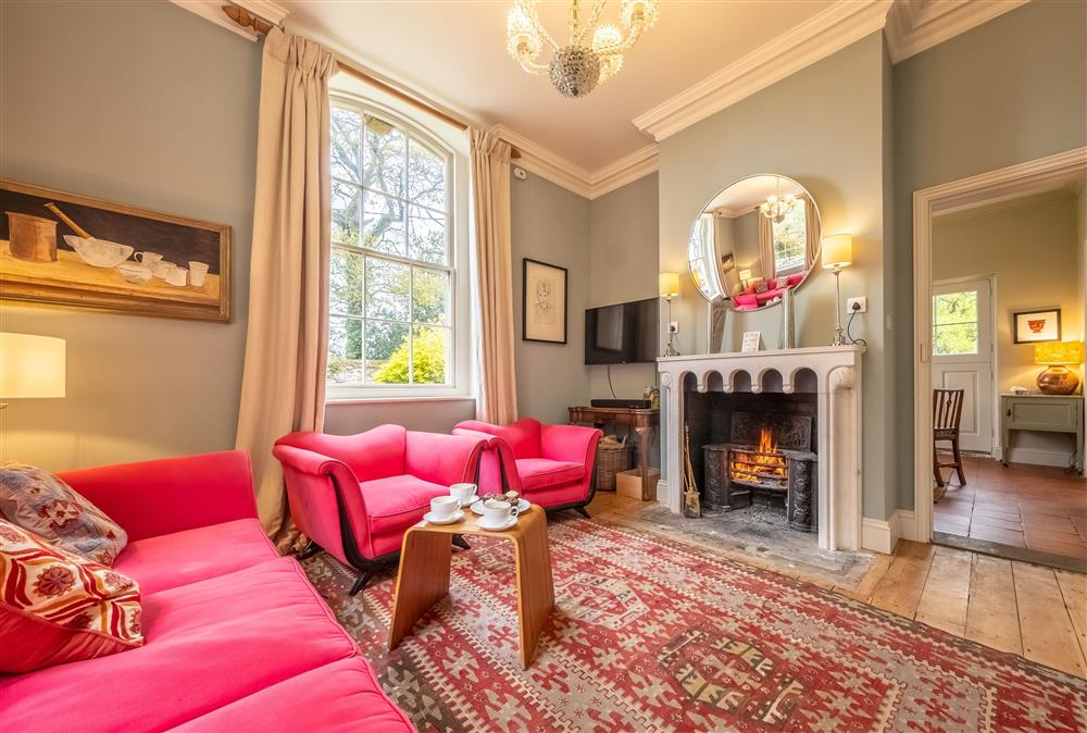 Sitting room with bright and comfortable seating and an open fire