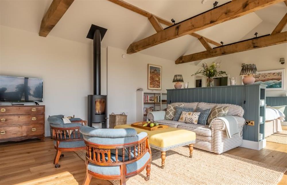 Ground floor: Sitting room area with wood burning stove and Smart television at The Goat Shed, Thompson near Thetford