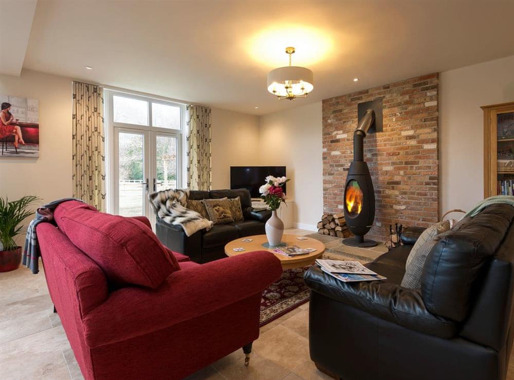 Cosy living area with wood burner at The Haybarn in Wimbourne, Dorset