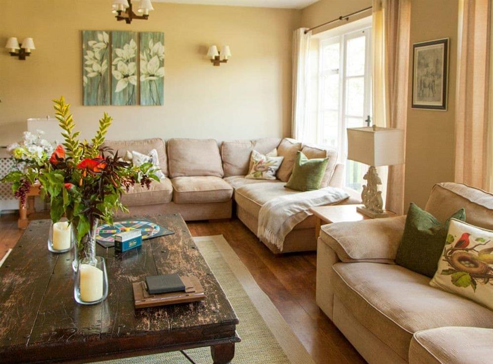 Comfortable living room with wood burning stove at The Hayloft in Bettiscombe, Nr Lyme Regis, Dorset., Great Britain