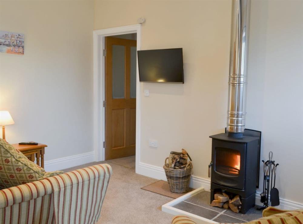 Living area with wood burner at The Hayloft in East Charleton, near Kingsbridge, Devon