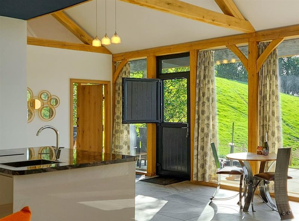 Open plan living space at The Hideaway in Aberhafesp, near Newtown, Powys