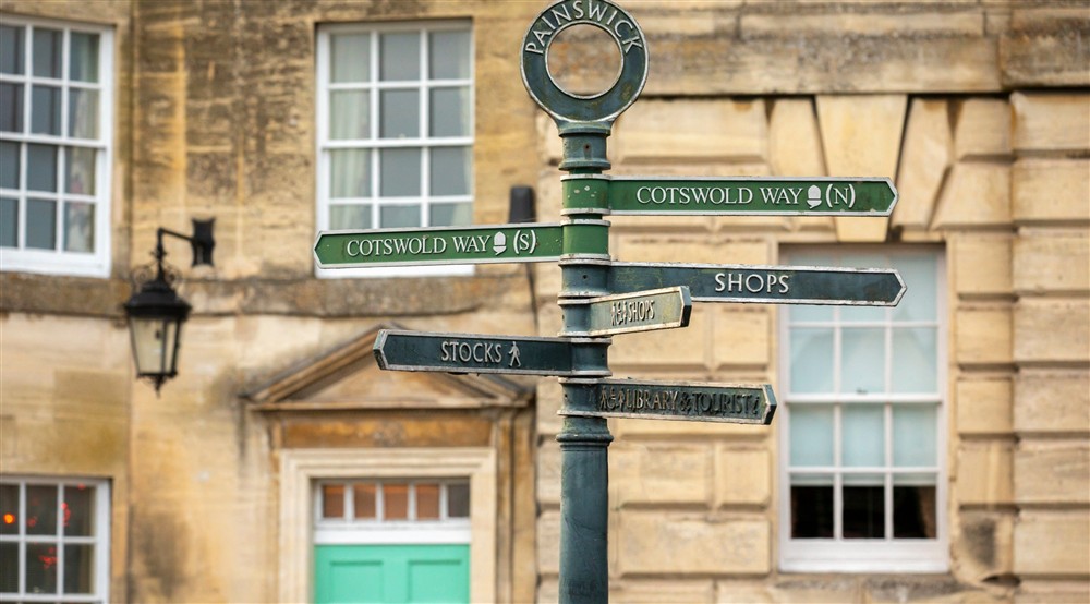 A signpost in Painswick, Gloucestershire at The Little Fleece in Stroud, Gloucestershire