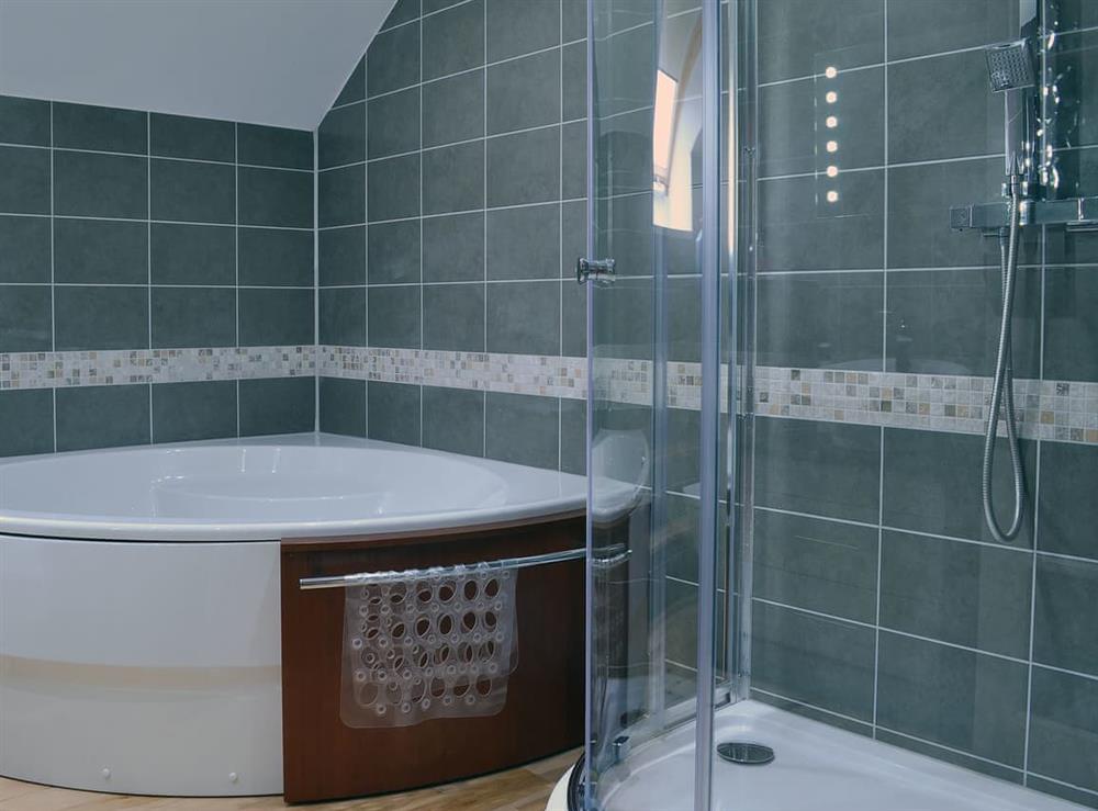 Lovely bathroom with curved corner bath and standalone shower at The Loft in Ciliau Aeron, near Aberaeron, Dyfed