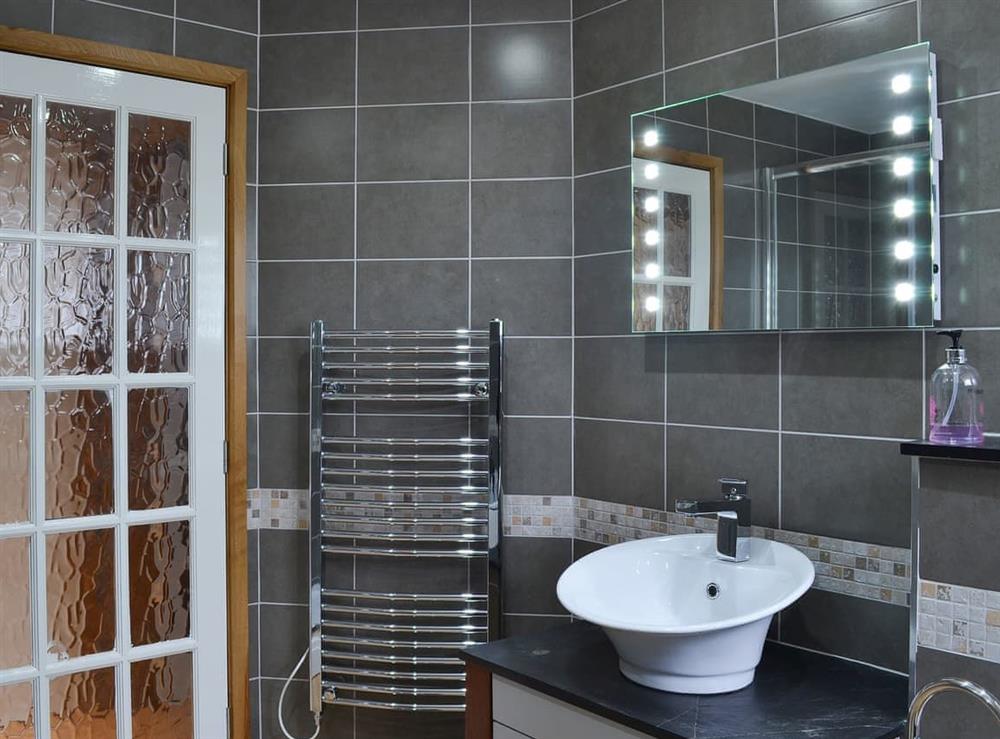 Modern bathrom with lovely tiling and heated towel rail at The Loft in Ciliau Aeron, near Aberaeron, Dyfed