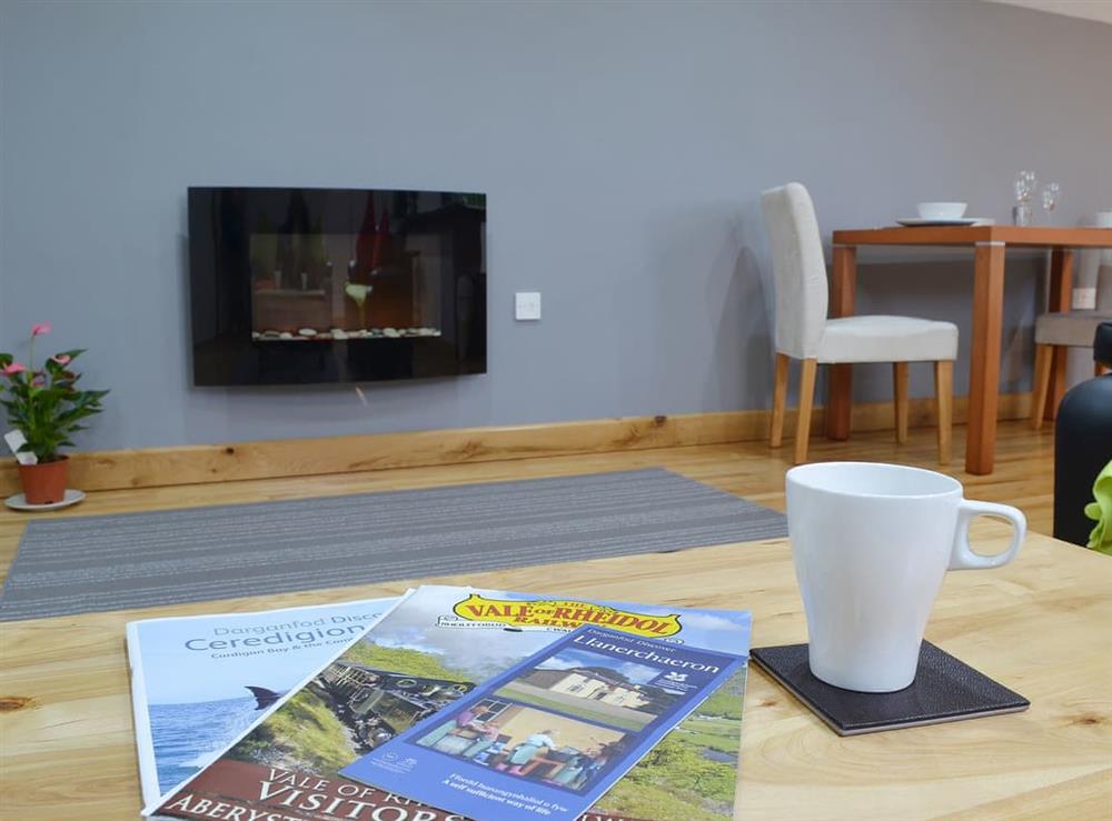 Relax in front of the contemporary fireplace at The Loft in Ciliau Aeron, near Aberaeron, Dyfed
