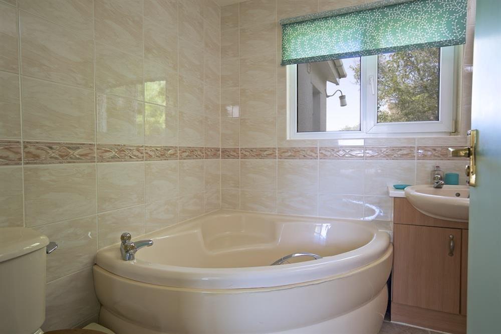 En suite bathroom with corner bath and shower at The Look Out in Hope Cove, Nr Kingsbridge