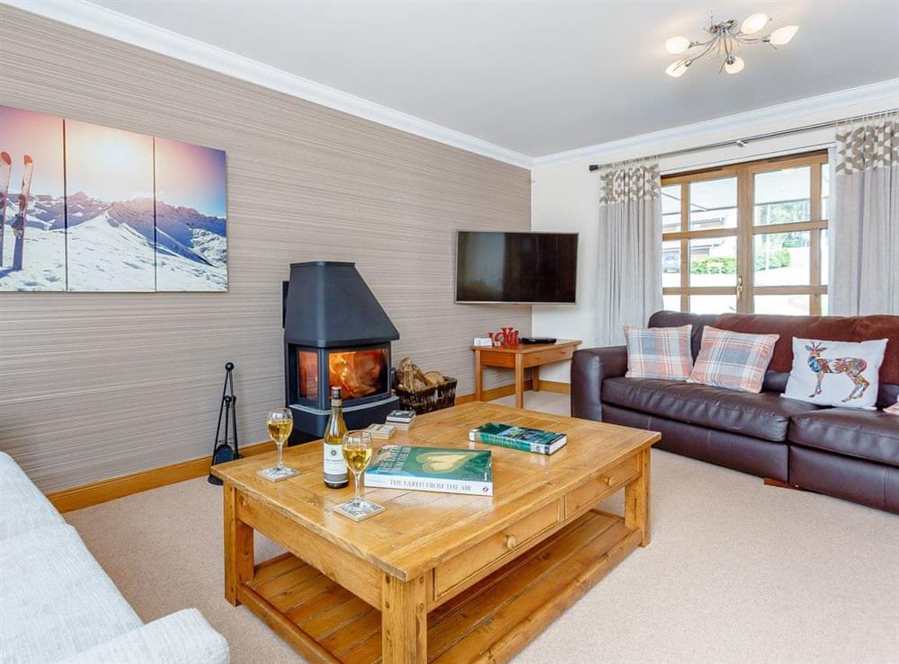 Comfortable living room with wood burner at The Lookout in Aviemore, Highlands, Inverness-Shire