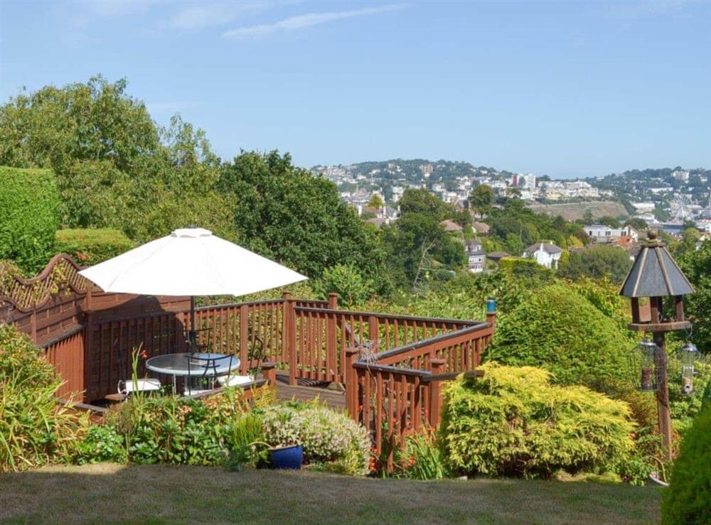 Decking area with seating at The Lookout in Cockington, near Torquay, Devon