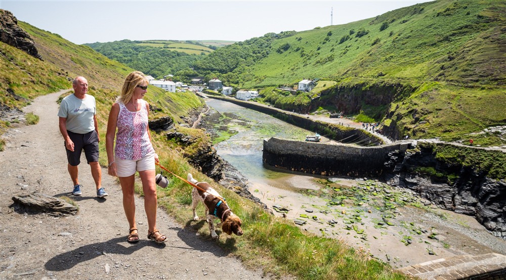 Man and woman walking a dog along clifftop path with harbour wall below and village in the background at The Lugger in Boscastle, Cornwall