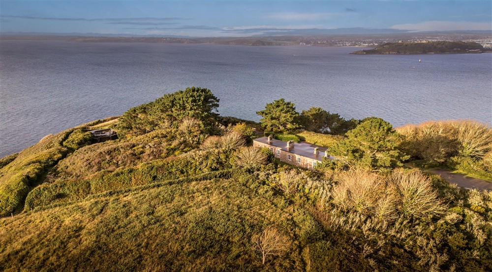 An aerial view of the back of the holiday cottages at The Major's Quarter in Roseland, Cornwall