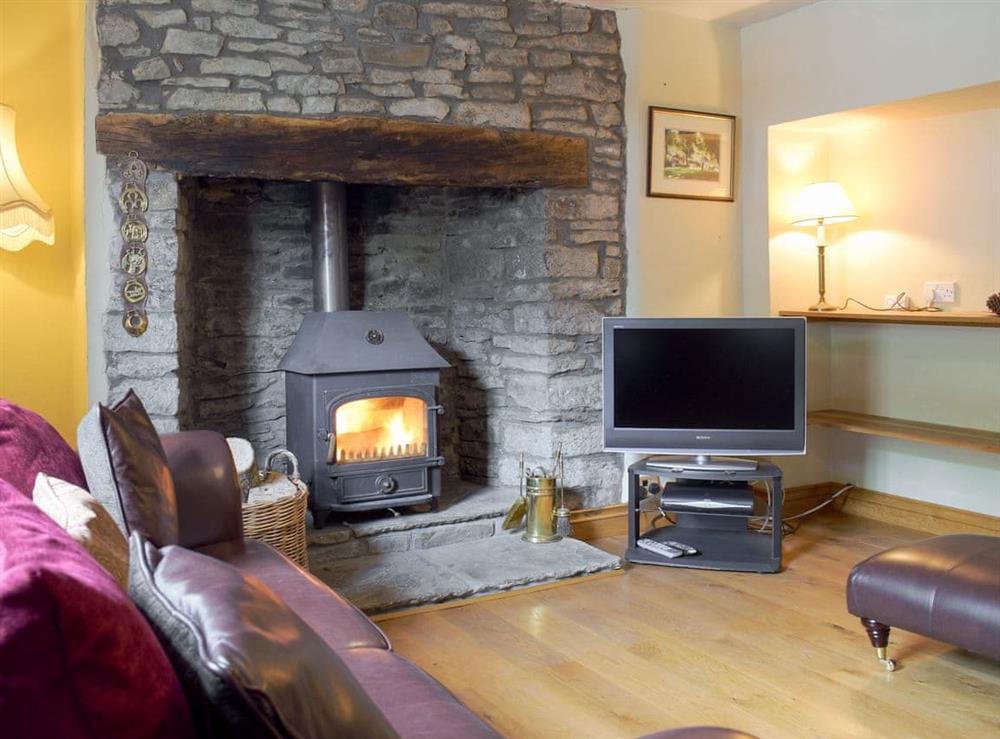 Sitting room with wood burner at The Oak in Newchurch, near Hay-on-Wye, Powys