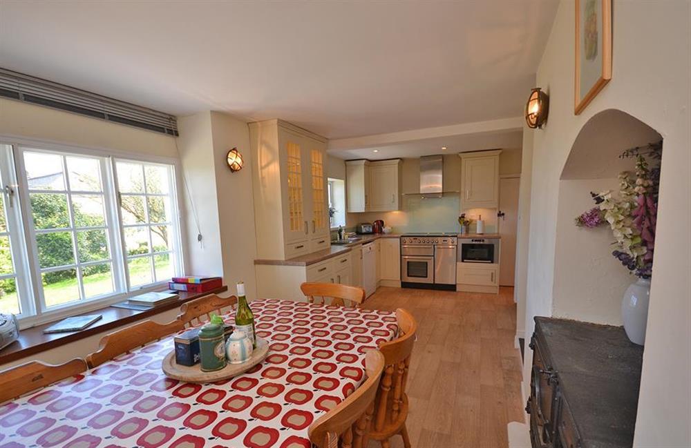 The view from the dining table towards the kitchen at The Old Bakehouse, Dittisham