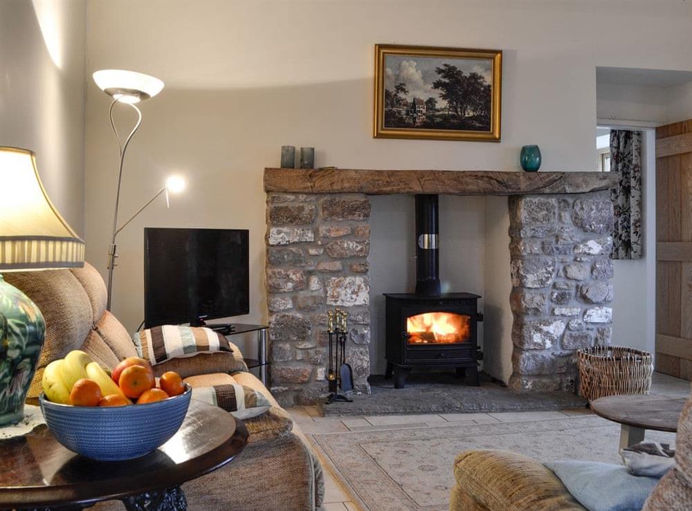 Living area with wood burner at The Old Byre in Middleton, near Swansea, Glamorgan, West Glamorgan