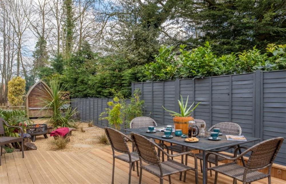 The decking and outdoor dining area  at The Old Chapel, Pentney near Kings Lynn