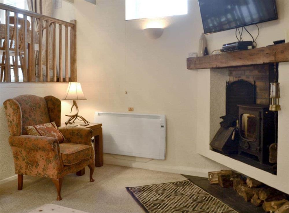 Comfortable living area with wood burner at The Old Chapel in Polbrock, Washaway, Cornwall., Great Britain