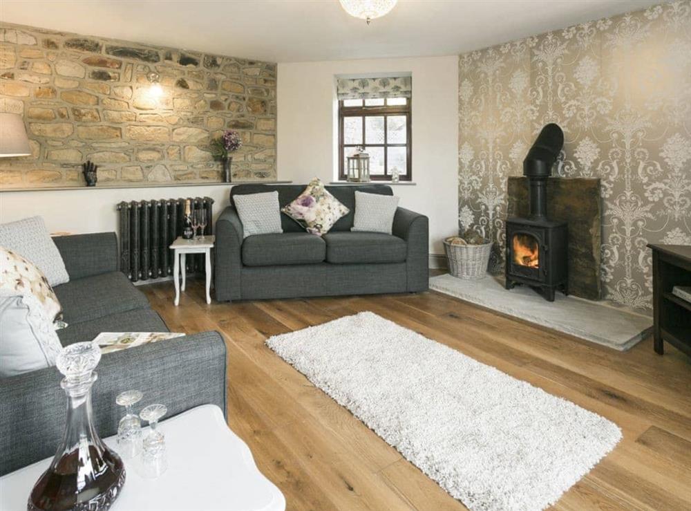 Thoughtfully furnished cosy living room with wood burner at The Old Church in Alton, near Chesterfield, Derbyshire
