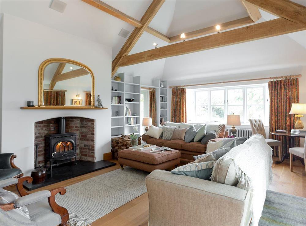 Grand living room with beamed ceiling and woodburner at The Old Coach House in Colyton, near Honiton, Devon