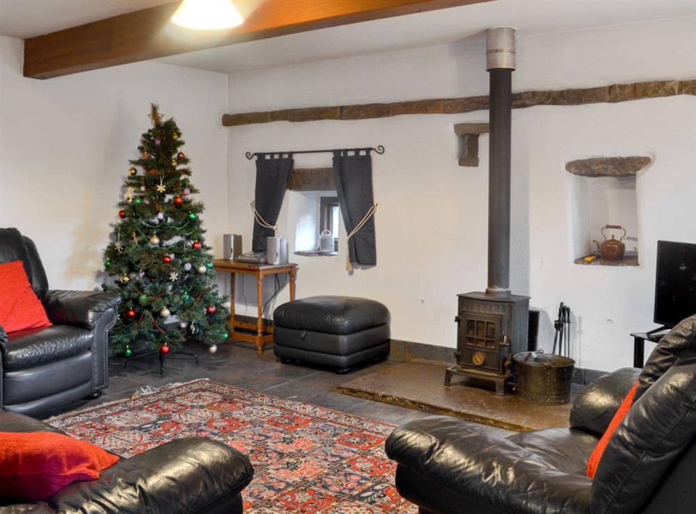 Cosy living area with wood burner at Christmas at The Old Goat House in Thornton Rust, Leyburn, North Yorkshire