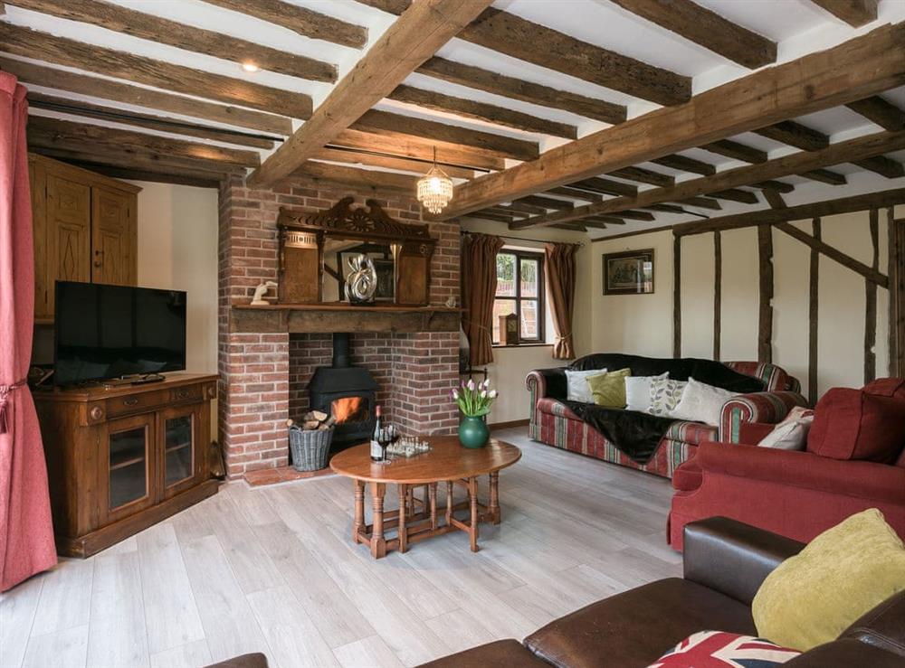 Relaxing living space with beamed ceiling at The Old Hall Coach House in Tacolneston, near Wymondham, Norfolk