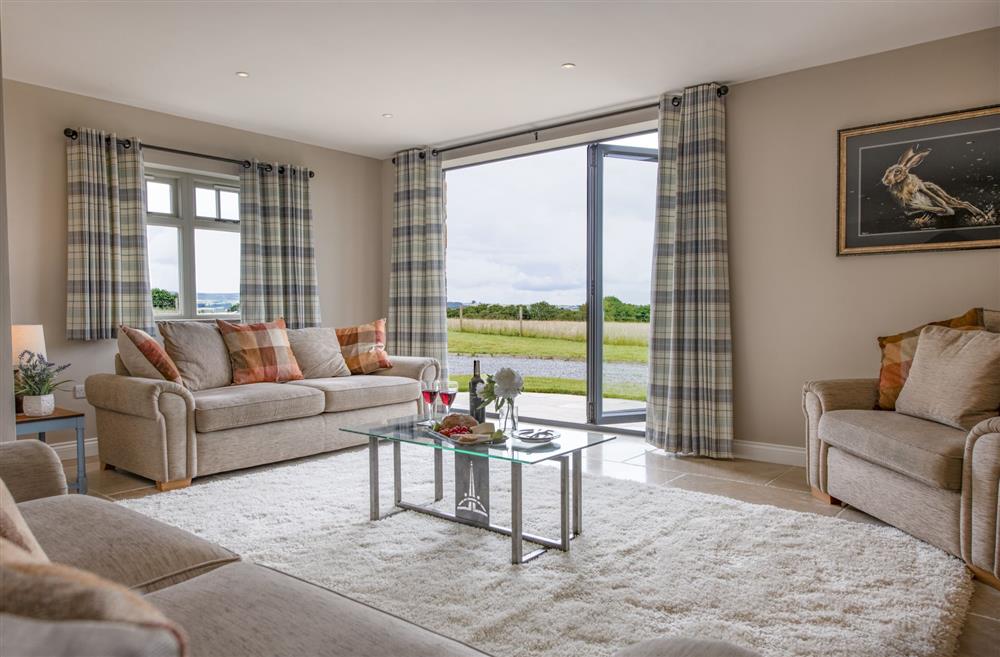 Sitting room featuring sliding doors leading to the patio at The Old Hay Barn, Barnard Castle