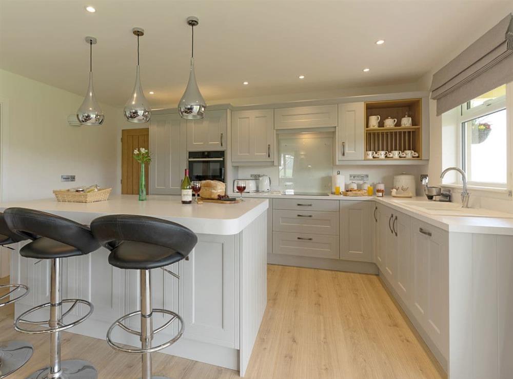 Contemporary kitchen with breakfast bar at The Old Kennels in Tibberton, near Gloucester, Gloucestershire