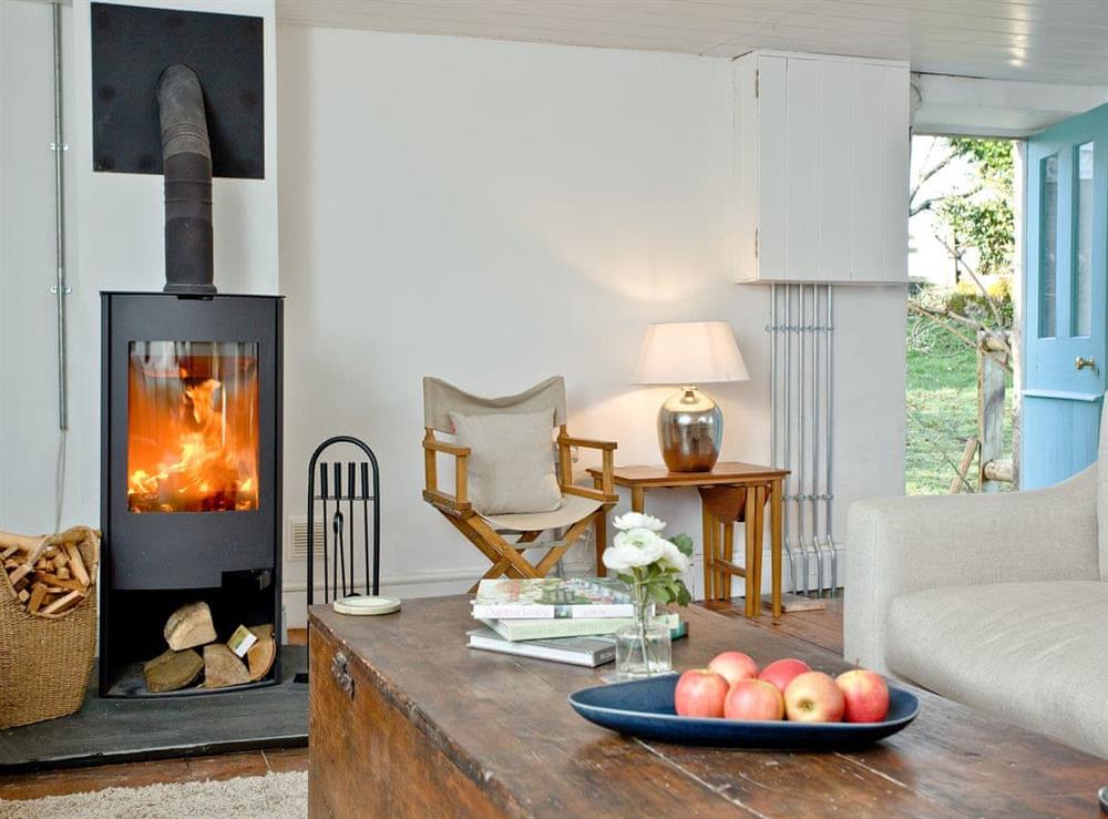 Cosy lounge area with wood burner at The Old Mill in Egloskerry, near Launceston, Cornwall