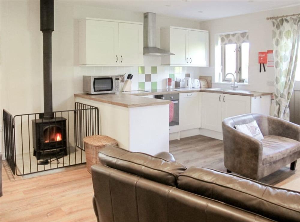 Delightful open plan living space with cosy wood burner at The Old Parlour in Whatlington, near Battle, Sussex, East Sussex