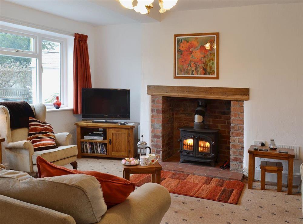 Cosy living room with geature fireplace at The Old Post Office in Myddfai, near Llandovery, Dyfed