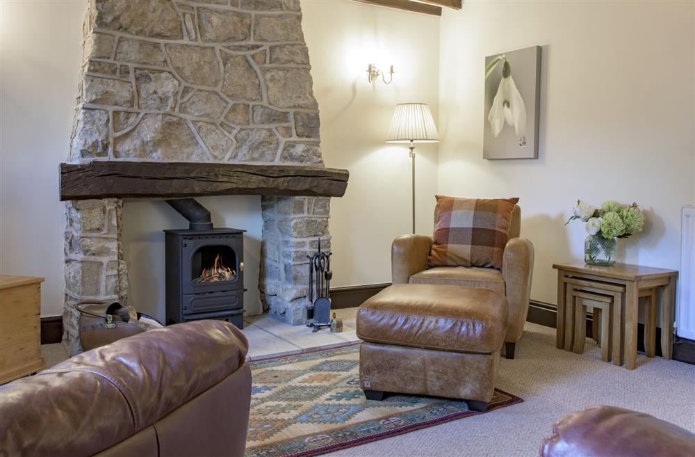 Cosy sitting room with wood burning stove at The Old Potting Shed, Kirkbymoorside, York, North Yorkshire