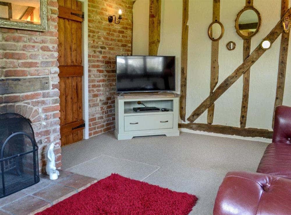 Characterful living room with open fire and beams at The Old Stables in Botesdale, near Diss, Suffolk