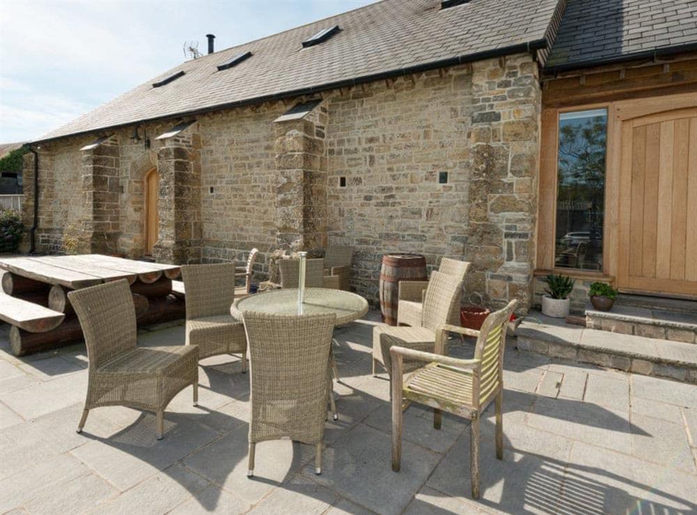 Sitting-out-area at The Old Tithe Barn in Litton Cheney, near Dorchester, Dorset
