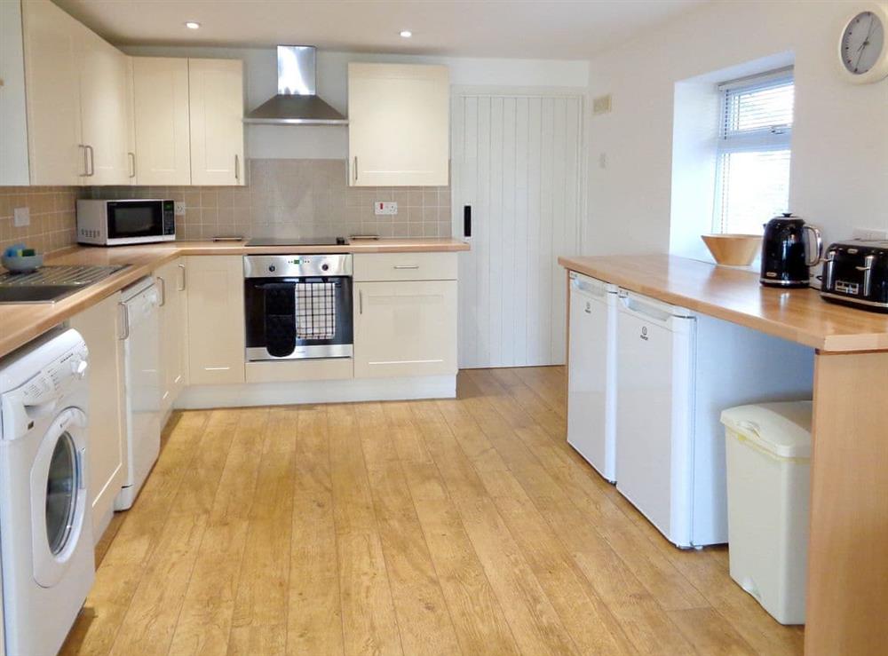 Well-equipped, fitted kitchen with open aspect to lounge at The Old Winery Cottage in Newent, Gloucestershire