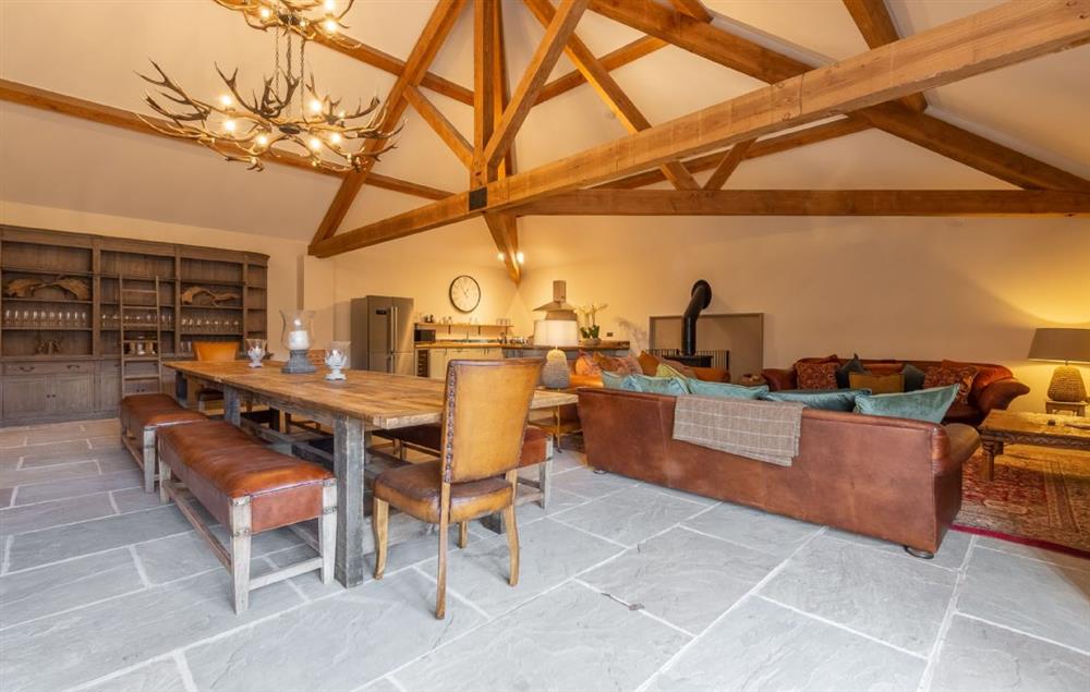 Spacious open plan sitting room with wood burning stove at The Owl House, Little Massingham