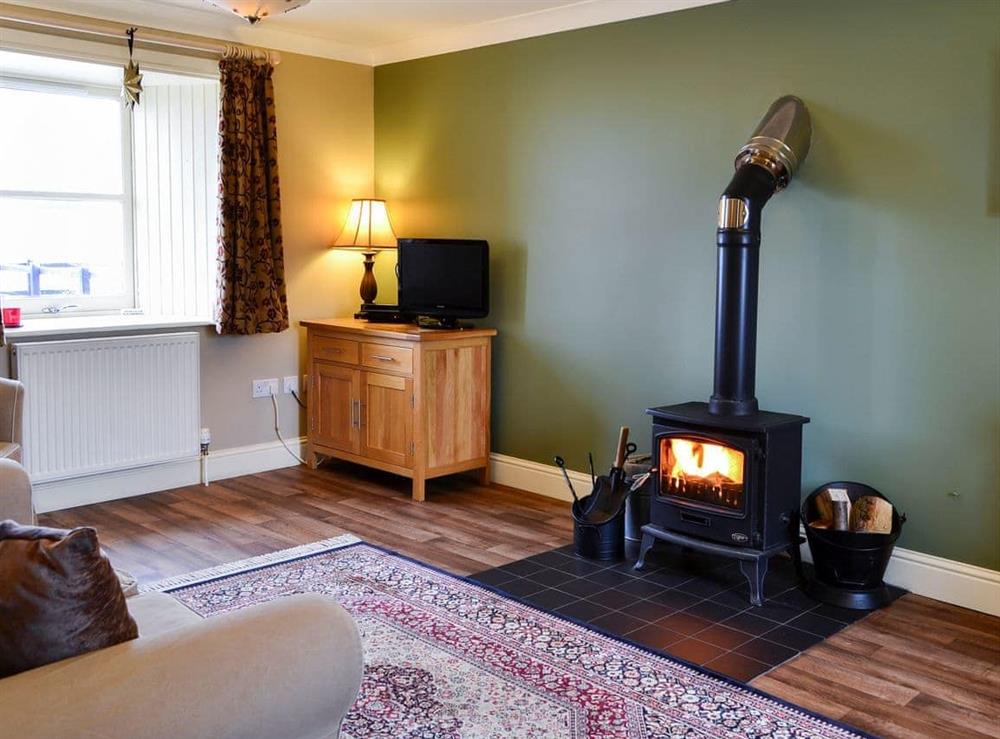 Open plan living space with wood-burning stove at The Parlour in By Carnwath, S. Lanarkshire., Great Britain