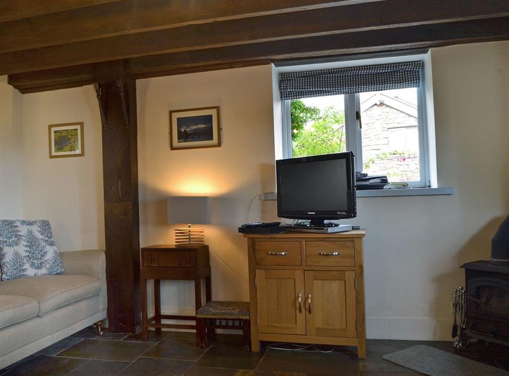 Cosy living area with wood burner at The Pigsty Cottage in Oswestry, Shropshire