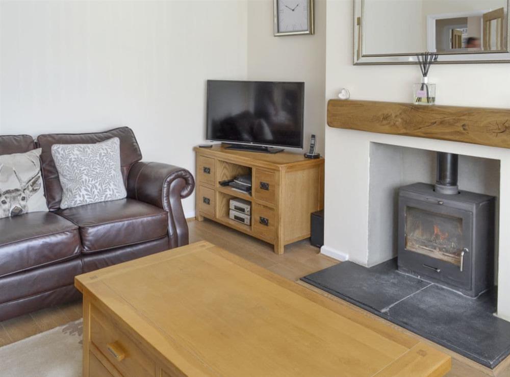 Wood burner in stylish living room at The Retreat in Hunmanby, near Filey, North Yorkshire