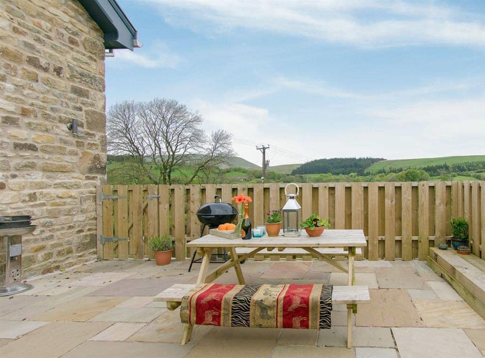 Sitting out/ bar-b-q area with delightful countryside views at The Rookery in Roughlee, near Barrowford, Lancashire