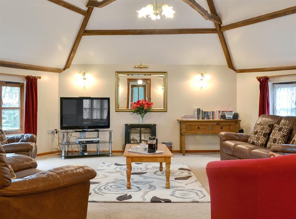 Quirky living room with electric wood burner and high ceiling at The Round House in Pyworthy, near Holsworthy, Devon