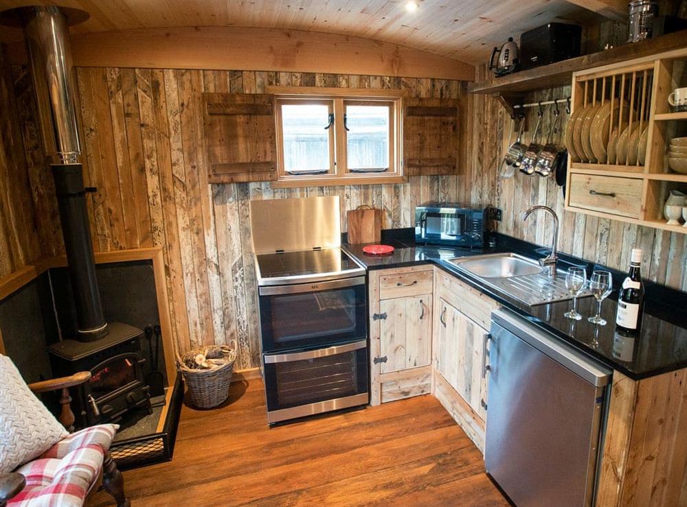Compact kitchen area at The Shepherds Hut at Gowan Bank Farm in Ings, near Windermere, Cumbria