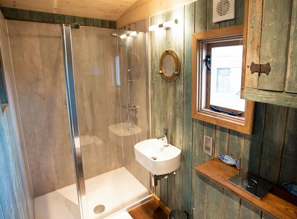 Shower room at The Shepherds Hut at Gowan Bank Farm in Ings, near Windermere, Cumbria