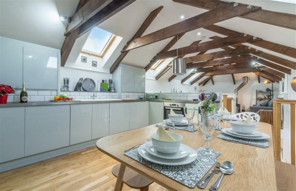 Open plan living area with kitchen, dining area and sitting room at The Shires, St Agnes 