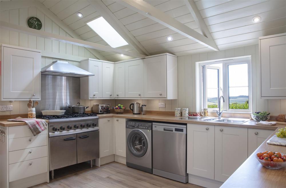 The well-equipped kitchen with commercial gas range cooker at The Shooting Lodge, Dorset