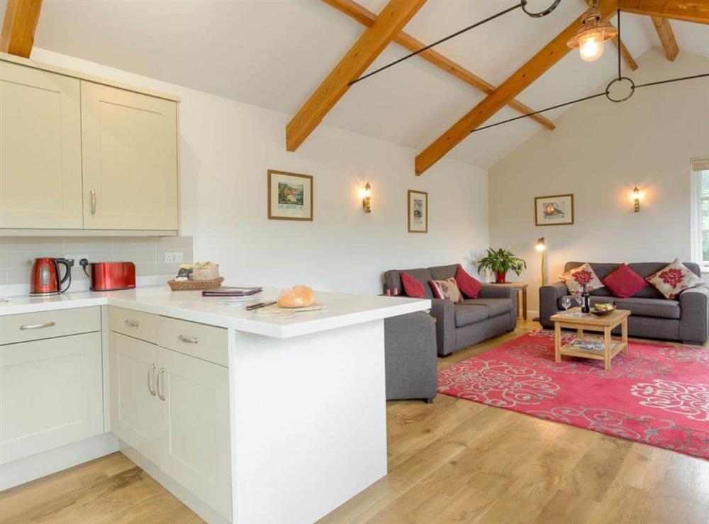Stylish open plan living space at The Signal Box in Loddiswell Station, near Kingsbridge, Devon, England